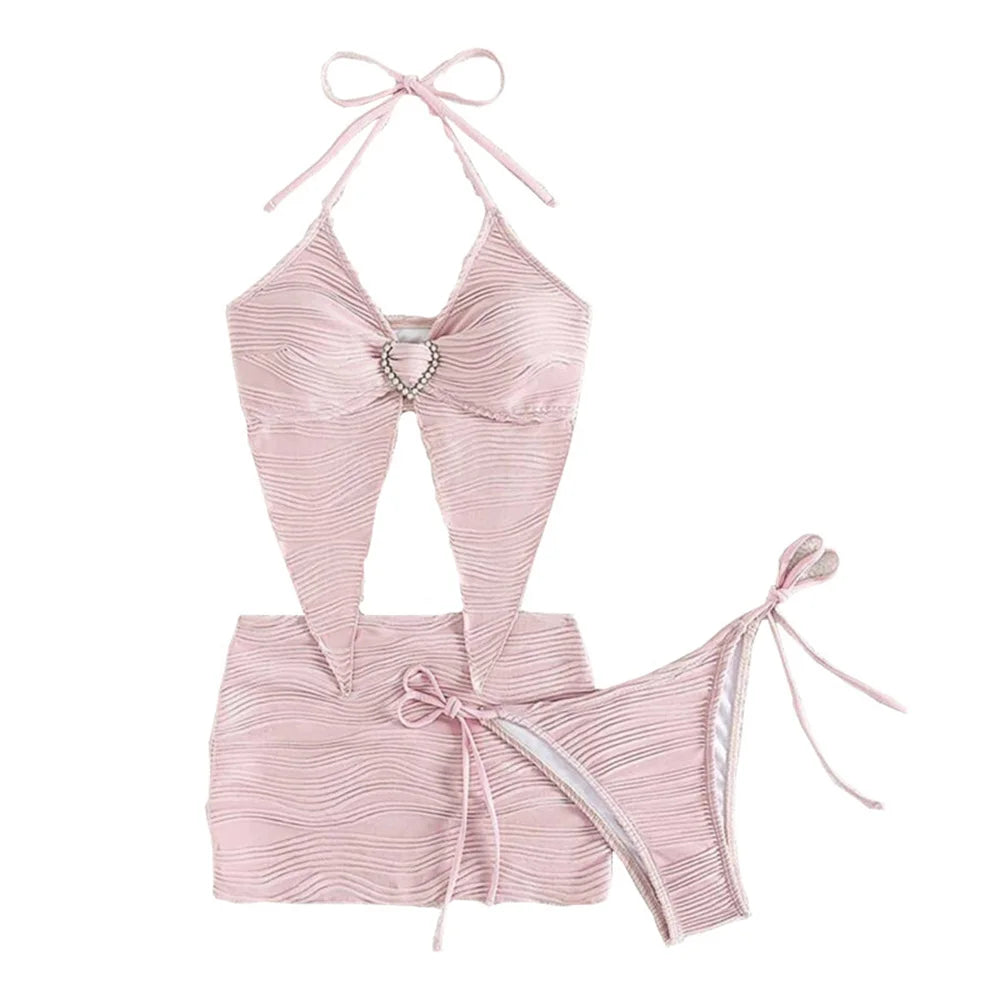 Micro String Extreme Bikini Rosa Y2K Strass Cuore Costume da bagno Tanga Gonna a costine Donna Costumi da bagno Beach Outfit Costume da bagno Biquinis