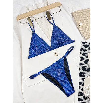 Costume da bagno donna oro glitterato 2026, bikini lucido due pezzi sexy con scollo a V, costume da bagno a vita alta senza schienale XMC185W