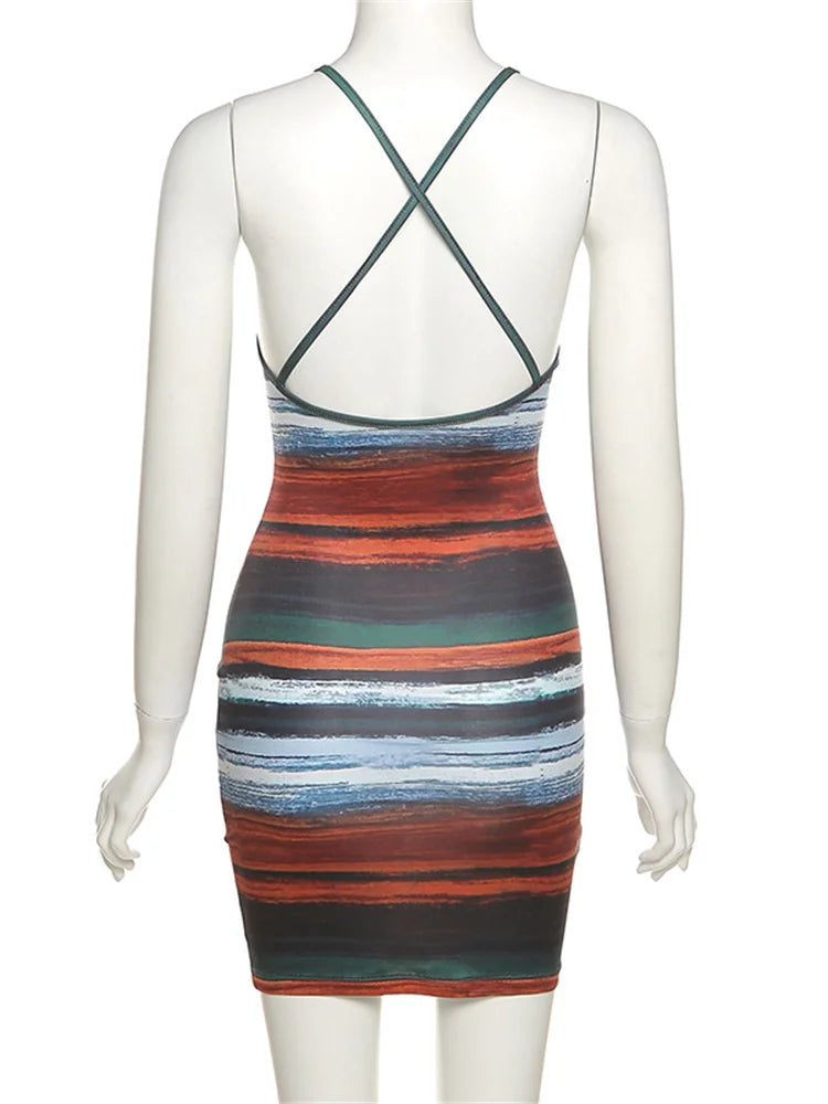 Kliou Mini abiti a righe con pannelli Estetici Donna Sexy Skinny Slash Neck Canotta Backless Vintage Midnight Clubwear Abiti