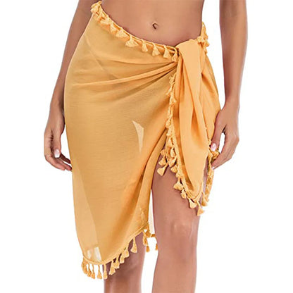 Copricostume da bagno per donna Sarong Beach Bikini Wrap Sheer gonna corta sciarpa per costumi da bagno con nappa
