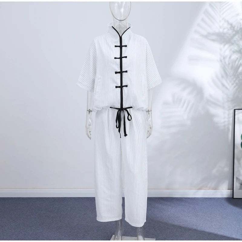 Completo Casual da Donna in Raso con Bottoni a Rana, Giacca a Collo Alto a Maniche Lunghe e Pantaloni a Lanterna Larghi, Moda Autunno 2026