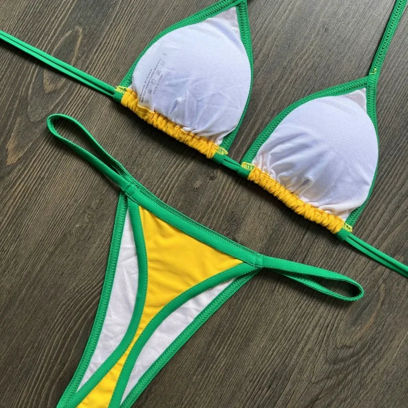 Ensemble de bikinis sexy brodé drapeau brésilien contrasté et fendu pour femme, maillot de bain patchwork, tenue féminine pour la plage d'été