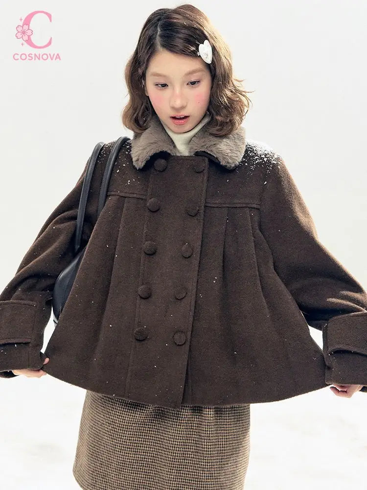 Set Vintage Coquette 2 Pezzi per Donna: Cappotto Trapuntato in Lana con Collo in Pelliccia e Gonna Mini a Quadri a Vita Alta, Abito Aderente, Outfit Casual Invernale