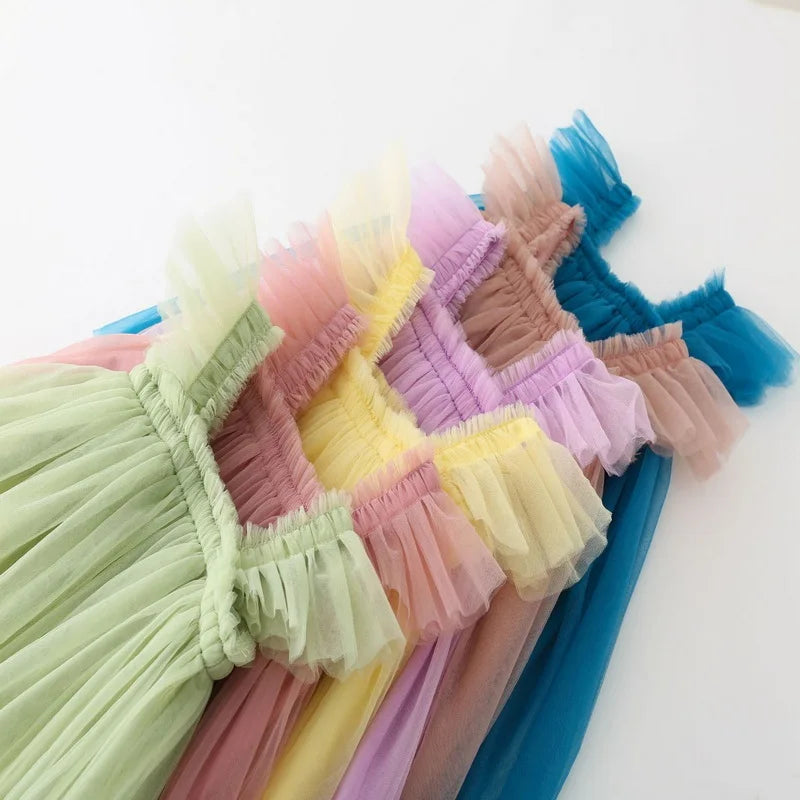 Nuova estate bambini ragazza vestito fionda senza maniche colletto quadrato tinta unita maglia principessa abiti da spiaggia bambino abbigliamento casual E2200