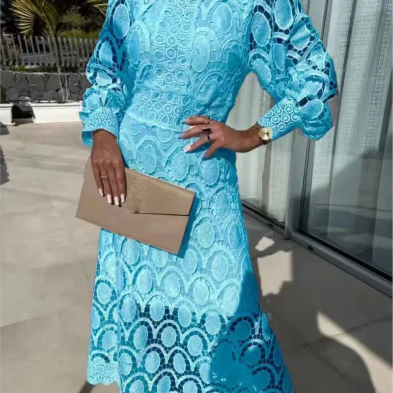 Abito lungo con maniche a sbuffo in pizzo da donna 2025 Primavera elegante nuovi abiti slim a vita alta con colletto alla coreana alla moda