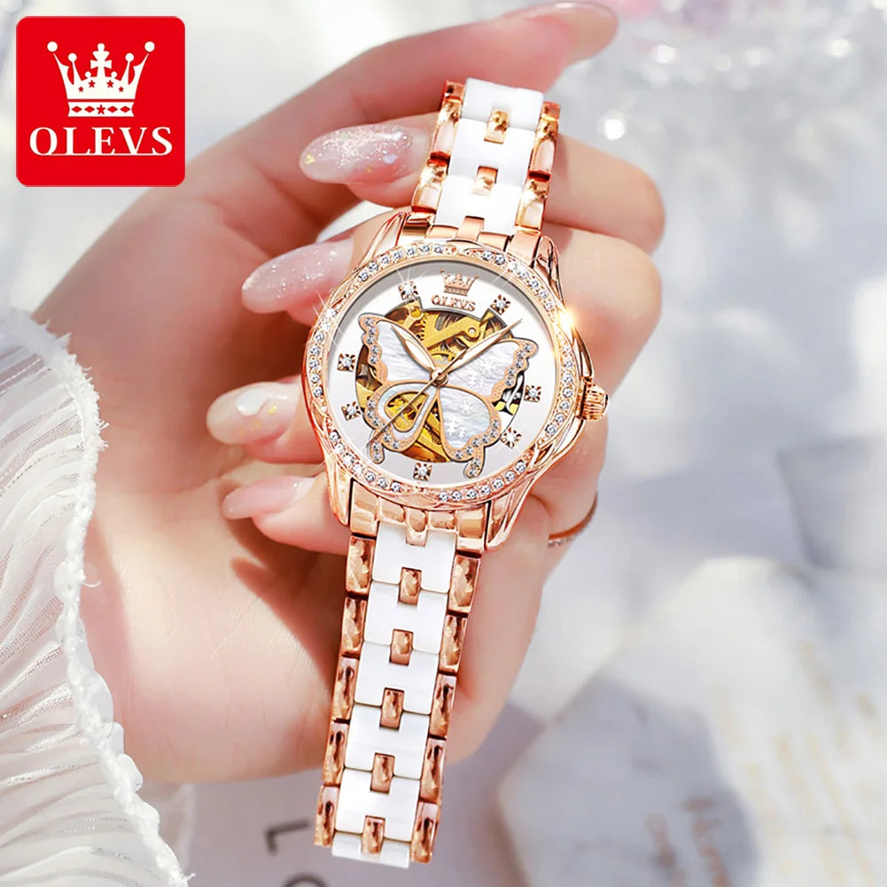 OLEVS 6622 Orologio da donna con quadrante a farfalla Orologio meccanico impermeabile di lusso per donna Orologio da polso automatico con cinturino in ceramica cava