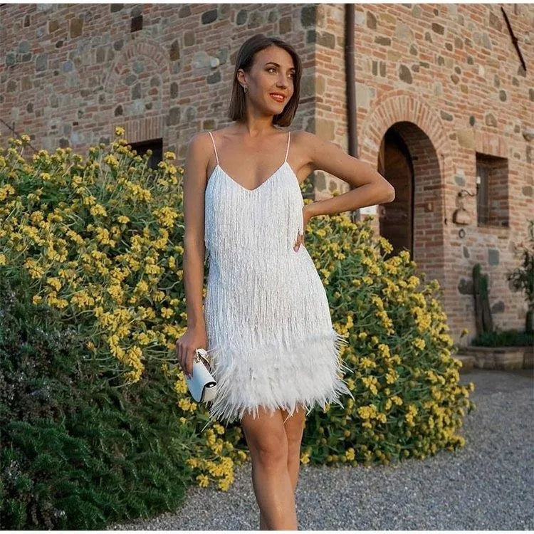 Abito estivo elegante con nappe e paillettes Abito da donna sexy sottile senza maniche con scollo a V a vita alta con bretelle e cuciture in piume