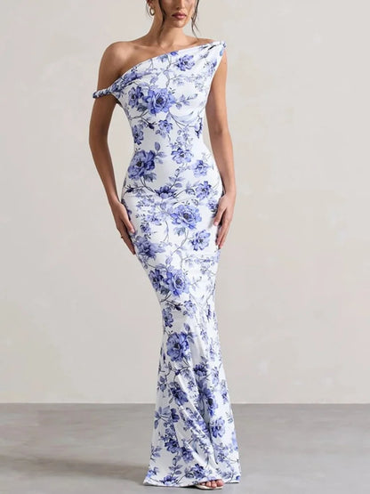 Summer Sexy Print Off-Shoulder Evening Dress Fashion Women Elegant Slim Fit Long Dresses