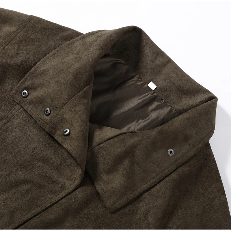 Giacche Eleganti in Camoscio Verde con Lacci per Donne, Modello Ampio con Colletto Alto, Cintura, Maniche Lunghe e Bottoni, Cappotti Autunno Inverno 2026 per Signore