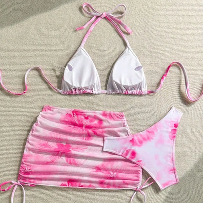 Sexy 3 Piece Bikini Set Women Printed Split Swimsuit Neck Strap Bathing Suit with Cover Up Skirt Swimwear Biquine Brasileiro