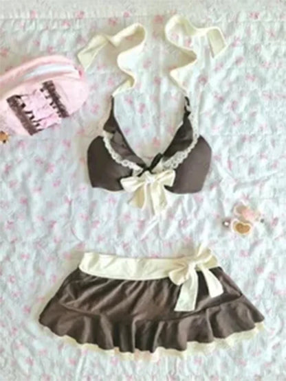Summer Brown White Halter Lace Trim Bow Skirted Two Piece Beach Vacation Sexy Slim Trendy Women's Bikini Swimsuit
