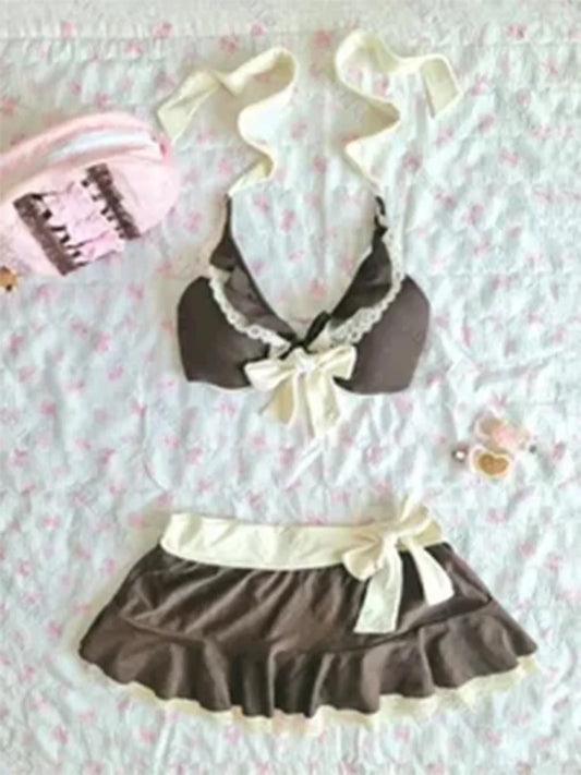 Summer Brown White Halter Lace Trim Bow Skirted Two Piece Beach Vacation Sexy Slim Trendy Women's Bikini Swimsuit