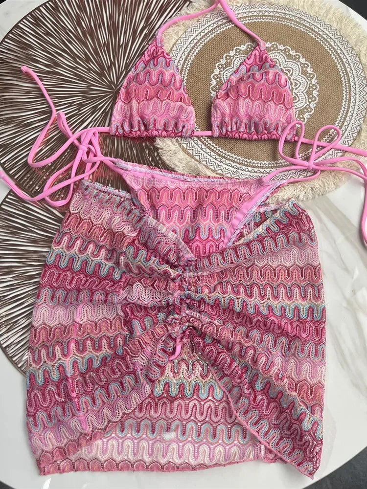 Damen-Badeanzug, bunte Ahornblätter, gestrickter Bikinirock, dreiteiliges Set, geteilter Badeanzug, Bikini, sexy Biquini, Badeanzug