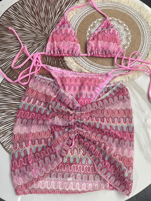 Damen-Badeanzug, bunte Ahornblätter, gestrickter Bikinirock, dreiteiliges Set, geteilter Badeanzug, Bikini, sexy Biquini, Badeanzug