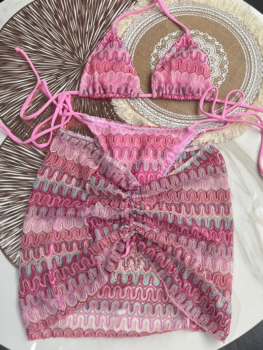 Women Swimsuit Colored Maple Leaves Knitted Bikini Skirt Three-Piece Set Split Swimsuit Bikini Sexy Biquini   Bathing Suit