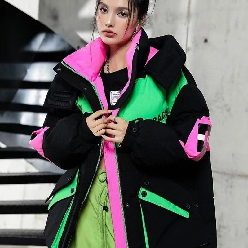 Caldo inverno piumino giacche donna Parka con cappuccio abbigliamento invernale cappotto da neve Casual spessa piumino corto brillante Streetwear