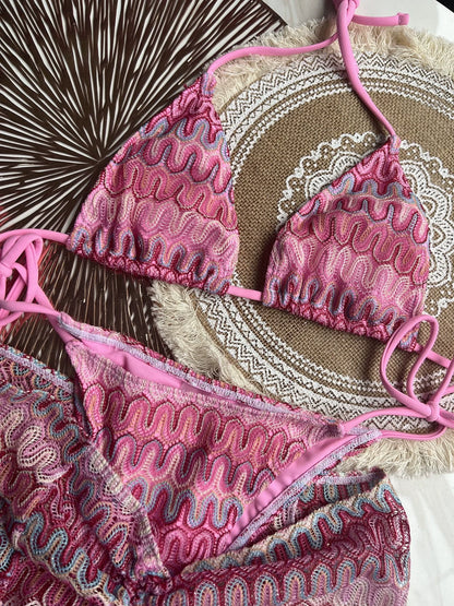 Costume da bagno donna Gonna bikini lavorata a maglia con foglie d'acero colorate Set tre pezzi Costume da bagno diviso Bikini