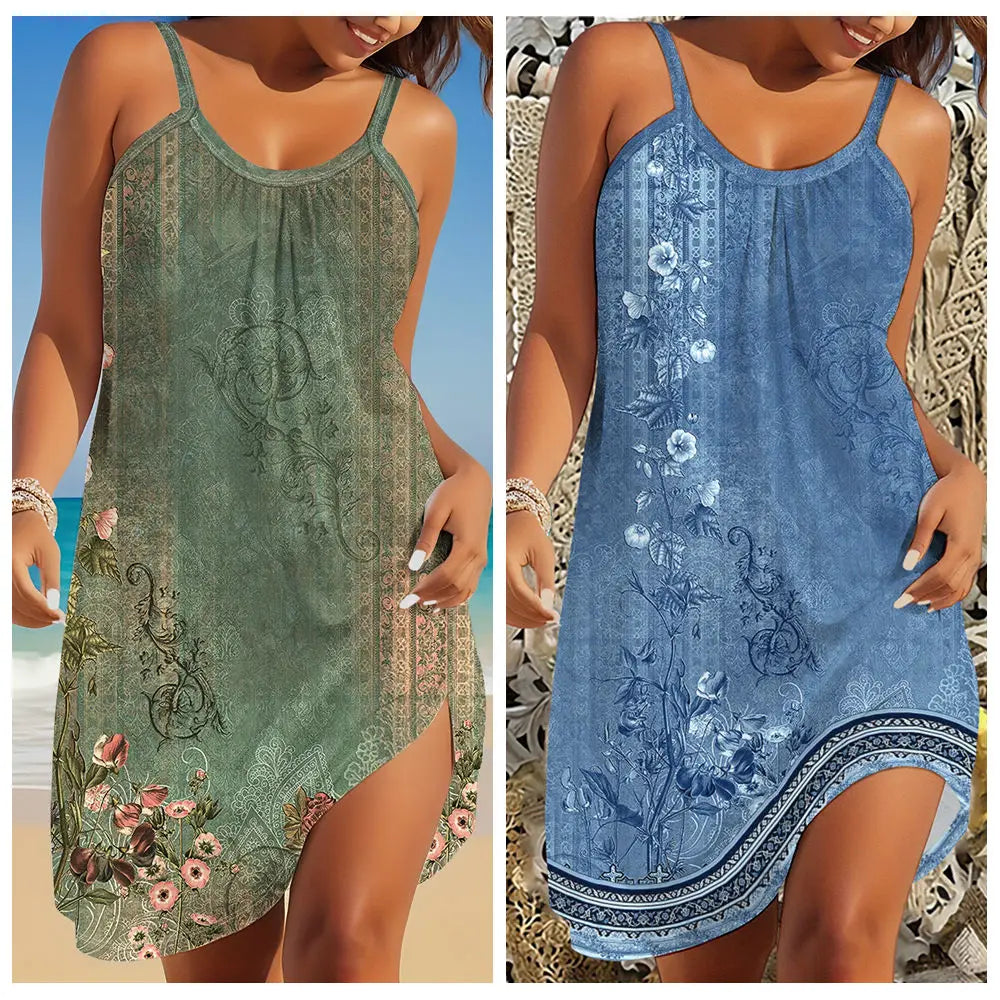 Abito da donna con cinturino da spiaggia elegante estivo senza maniche sexy bohémien con stampa floreale abito da sera per feste vestito estivo stile vintage