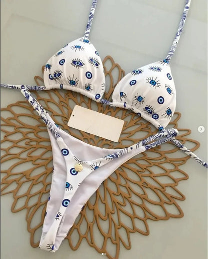 Summer Print Sexy Bikini Sets Halter Lace-up Tops Thongs Beach Style Bathing Suit Y2k Swimsuits Women Beachwear Fashion New