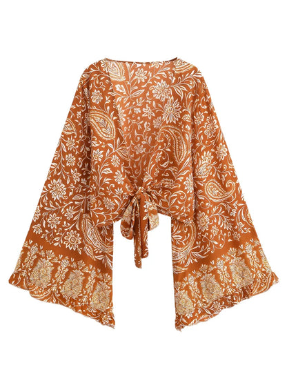 Boho Queens Donna Abiti con stampa floreale marrone Kimono Abito Abiti bohémien Pantaloni a gamba larga 2 pezzi Rayon Boho Set costume da bagno