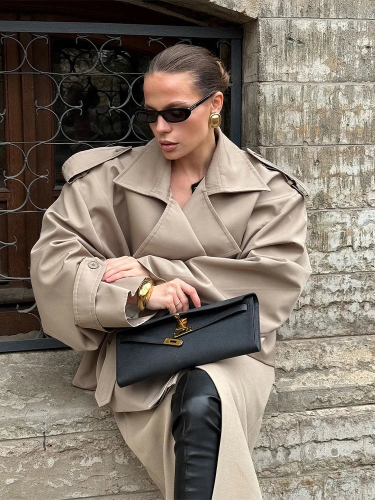 Trench lungo con lacci solido Moda donna Manica intera Risvolto monopetto Capispalla allentato Lady Autunno Cappotto Highstreet quotidiano