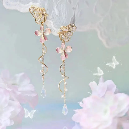 Orecchini a farfalla eleganti coreani per le donne Squisito cristallo zircone lungo nappa fiore orecchini pendenti gioielli temperamento per ragazze