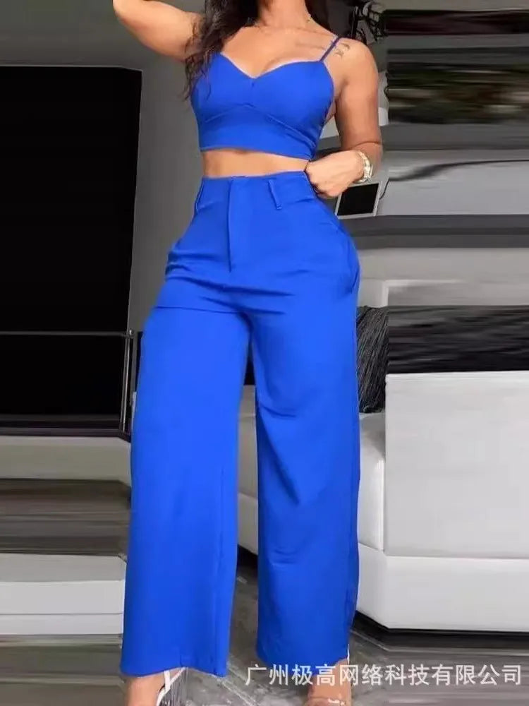 Sommer Sexy 2-Teiler Set Damen V-Ausschnitt Träger Gerafftes Slim Crop Top & Schnürung Weite Hose Sets Elegantes Holiday Lady Outfit