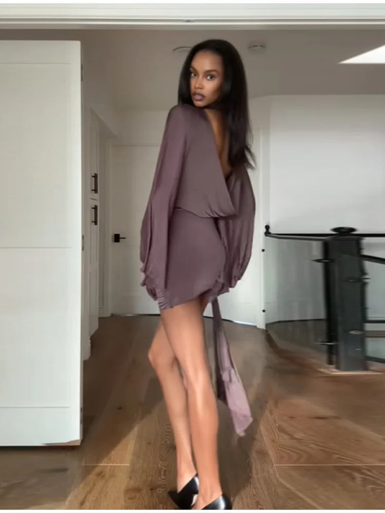 Abito Elegante Drappeggiato con Maniche a Pipistrello e Vita Arricciata con Laccio, Vestito da Donna per Feste e Serate Romantiche, Abbigliamento Femminile Modesto e Alla Moda per la Sera