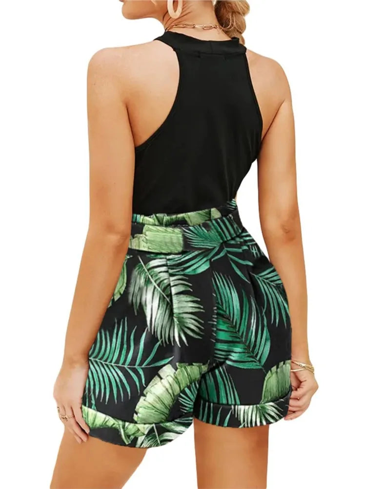 Sommer Sexy Damen 2-teiliges Tanktop Mode Strand Anzug Schmal Kurzes Top Shorts Druck Lässige Hohle Ärmellose Weste 2-teiliger Anzug