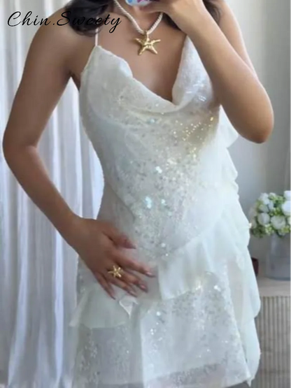 Sexy paillettes volant mini abito fionda donna solido scollo a V senza maniche backless abiti a trapezio 2025 estate signora chic abiti da festa