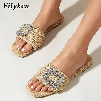 Eilyken Estate Glitter Strass Pantofole da donna Diamante brillante Fondo piatto Canna Sandali di cristallo Scivoli da spiaggia Scarpe Zapatos muje