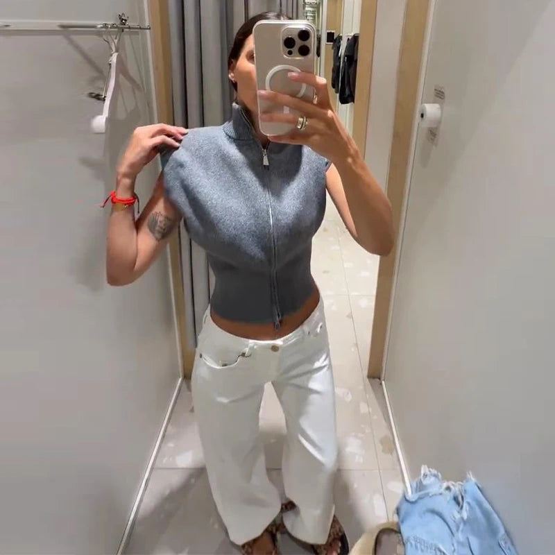 Cardigan in maglia da donna senza maniche con spalline imbottite, collo alto a metà, doppia cerniera, corto, aderente, tinta unita, top di tendenza per la strada