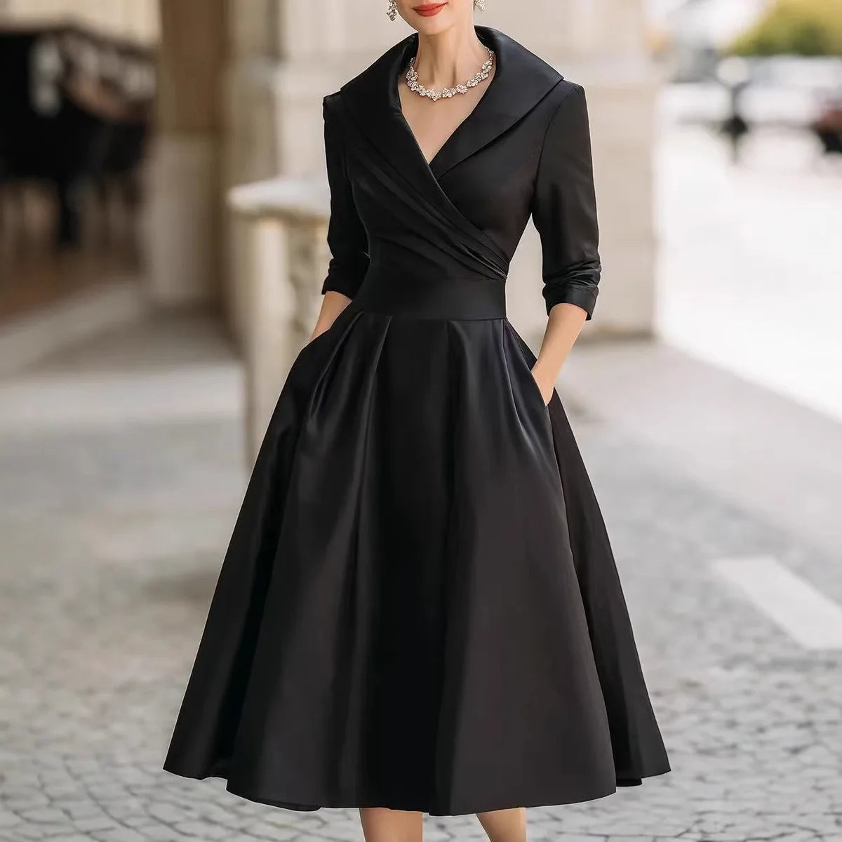 Office Lady Slim A-Line Dress Donna 2025 Autunno Inverno Moda Manica lunga Colletto rovesciato Abiti maxi Abiti eleganti