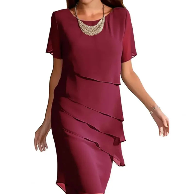 Abito da donna sottile con volant irregolare al ginocchio Abito da festa sottile estivo femminile in chiffon patchwork Abiti a maniche corte JYFS-1096