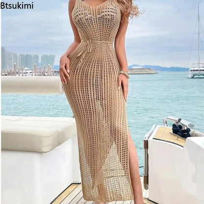 New Women's Sexy Knitted Midi Dresses Summer Elegant Beachwear Hollow Out Fishnet Bikini Cover-ups Vacation Long Dress for Girls