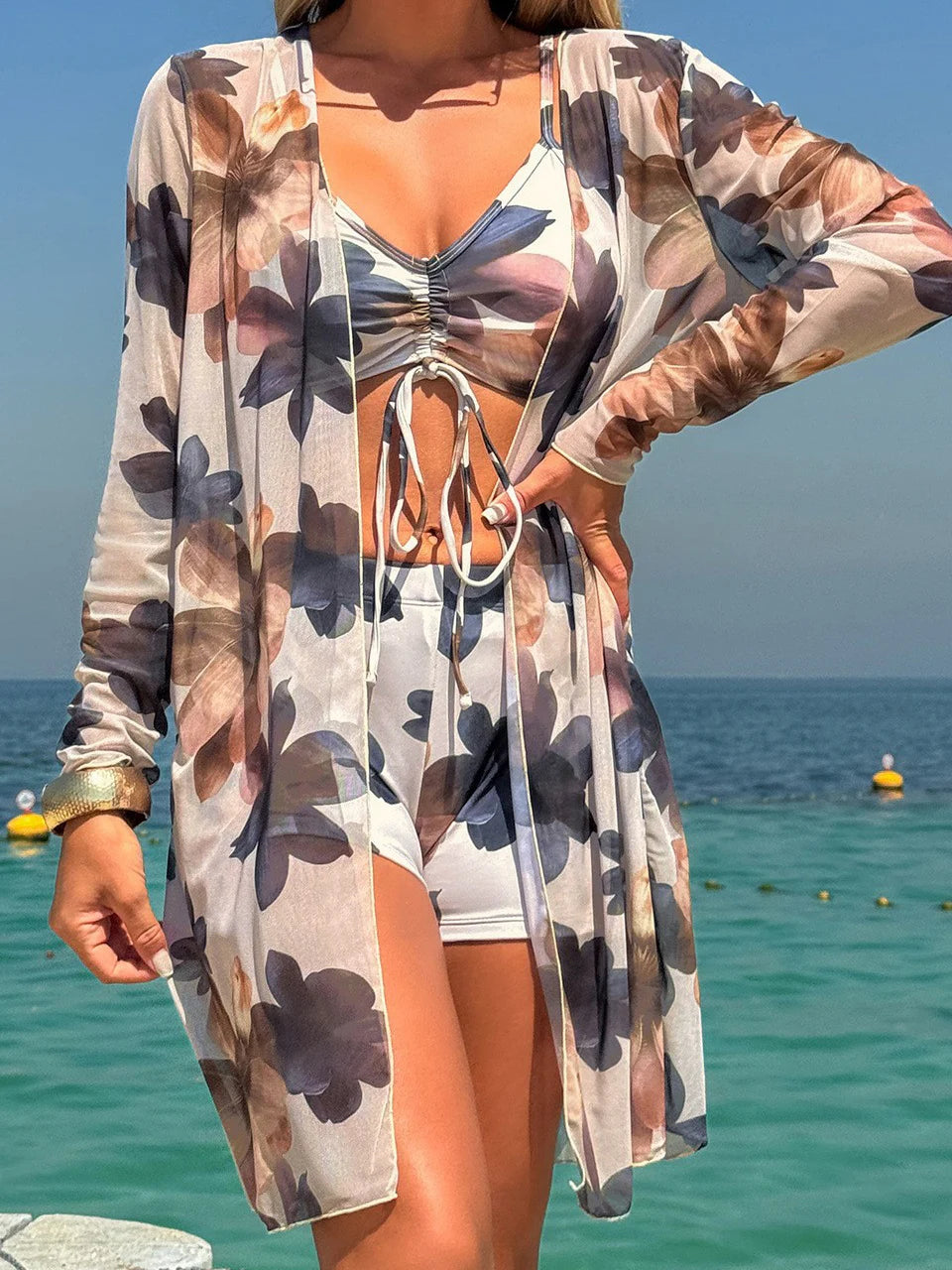 3 Pièces Bikinis Tie Dye Maillot de Bain 2026 Nouveau Femme Cordon de Serrage Devant Maillot de Bain Femme Taille Haute Short de Bain Maillot de Bain Vêtements de Plage