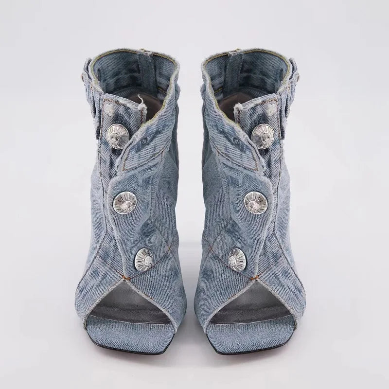 Summer Sandals Stiletto Heel Ladies Shoes Peep Toe Pumps Woman Brand Design Pumps Classic Blue Denim Boots Plus Size 43