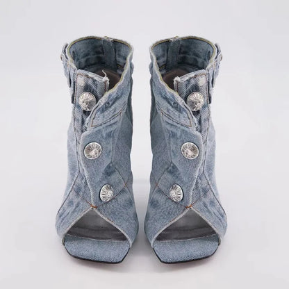 Summer Sandals Stiletto Heel Ladies Shoes Peep Toe Pumps Woman Brand Design Pumps Classic Blue Denim Boots Plus Size 43