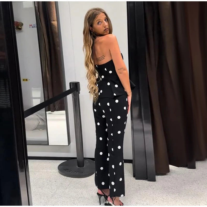 Elegante Tuta Intera da Donna a Pois Senza Maniche con Vita Stretta e Schiena Scoperta, Top a Tubino, Pagliaccetto Lungo da Donna, Moda Estiva 2026