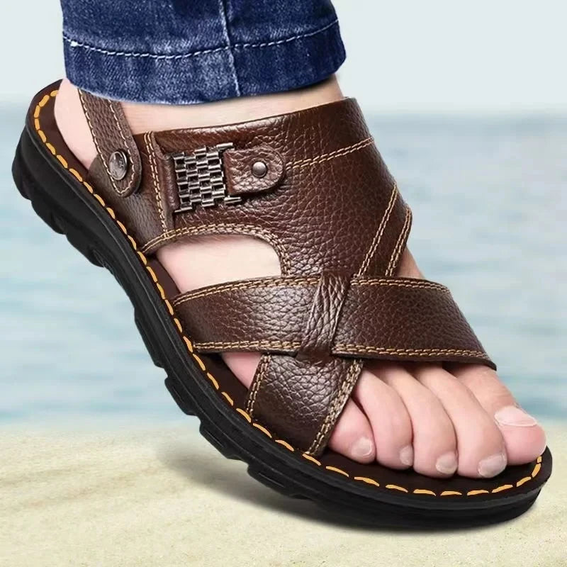 Herren-Ledersandalen für den Sommer, rutschfeste Herrenschuhe aus echtem Leder, Hausschuhe, Strandschuhe mit dicker Sohle für draußen, bequeme, weiche Herren-Sandalen