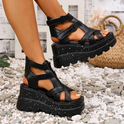 Sandali da donna Sandali da donna con plateau in pelle moda estiva Sandali gladiatore con tacco alto da donna Scarpe da donna con zeppa robuste per esterni