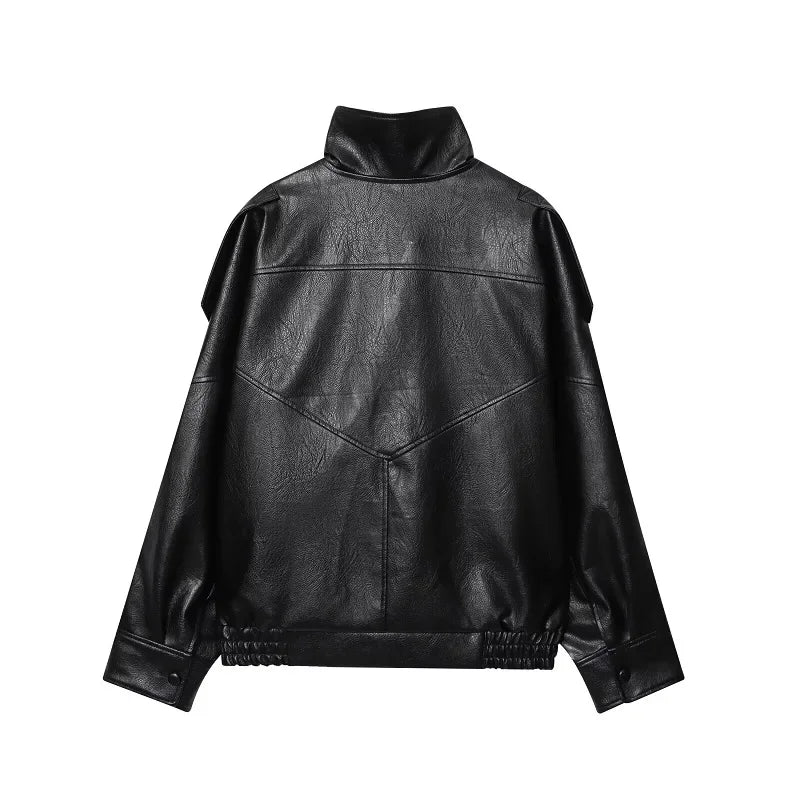 HXAO Giacca da donna in ecopelle Cappotto corto Giubbotti bomber neri per donna Capispalla invernale allentato Giacche da aviatore a collo alto