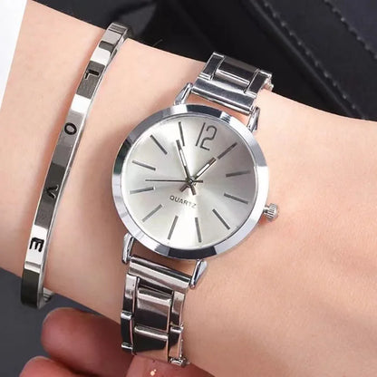 Set da 2 pezzi orologio da donna di lusso quadrante semplice cinturino cavo moda braccialetto in oro orologio da polso al quarzo orologi da donna per studenti Reloj Mujer