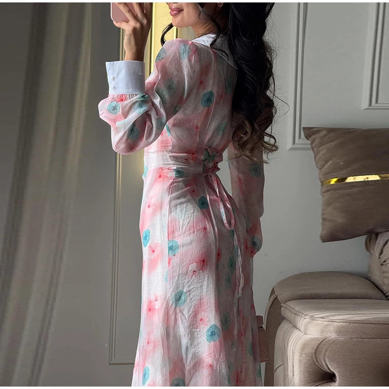 Abito Lungo da Donna con Stampa, Scollo a V, Maniche a Campana, Bordo a Foglia di Loto, Vita Alta, Vestito Maxi Aderente, Elegante Abito da Sera per Feste