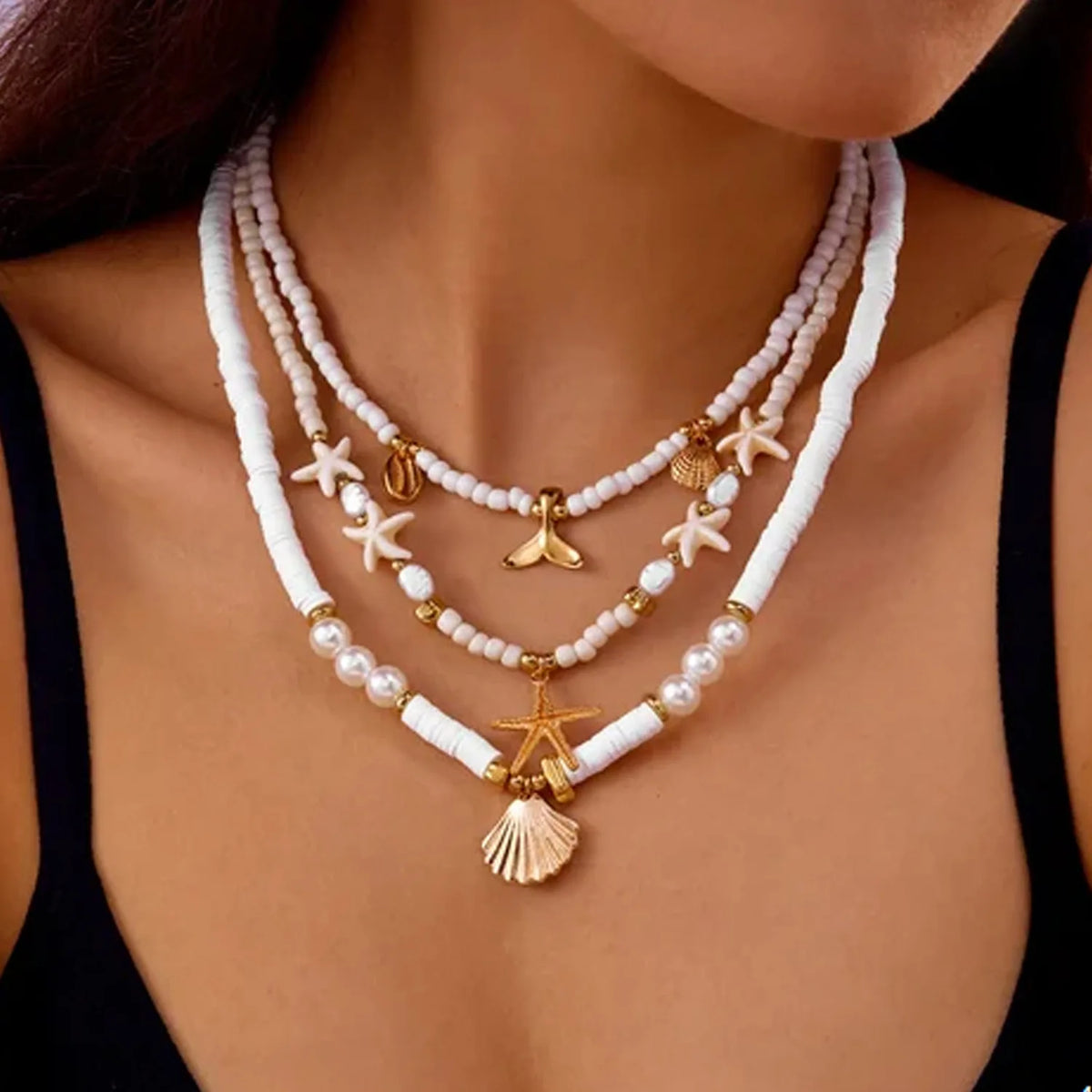 Girocollo impilato con perline fatte a mano bohémien, delicato collana con ciondolo a conchiglia di stelle marine, gioielli da donna per feste estive in spiaggia