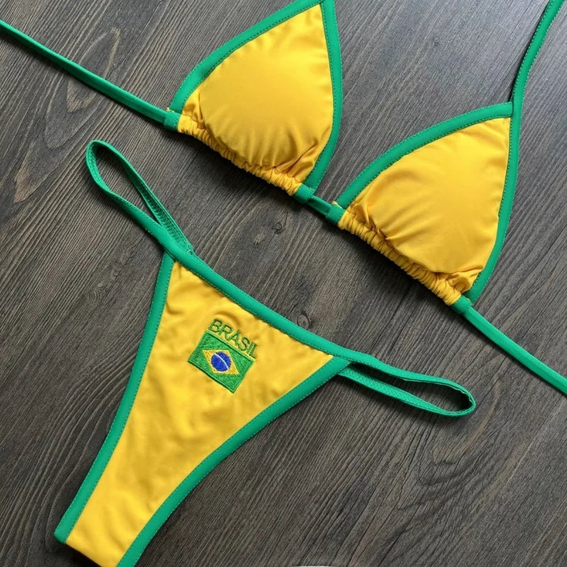 Ensemble de bikinis sexy brodé drapeau brésilien contrasté et fendu pour femme, maillot de bain patchwork, tenue féminine pour la plage d'été