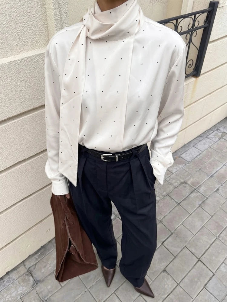 Eleganti Camicette da Donna con Sciarpa a Pois, Camicie a Maniche Lunghe e Vestibilità Ampia, Nuove Camicette Casual da Ufficio per il 2026, Top da Donna in Bianco, Nero e Marrone