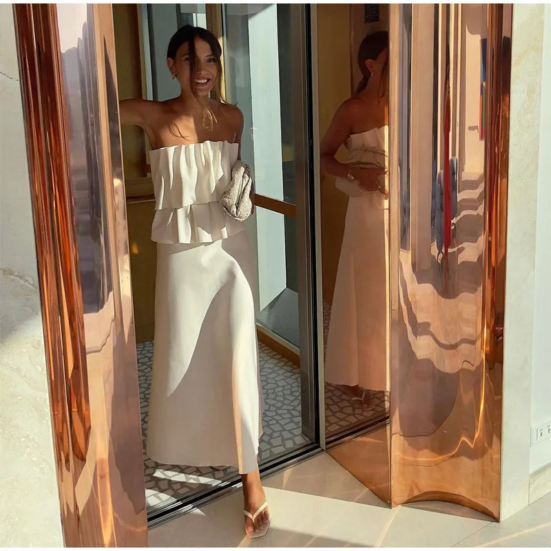 Abito lungo senza spalline con pieghe a strati sexy Abito da donna slim fit con spalle scoperte Abito senza maniche a trapezio Abito da sera estivo femminile