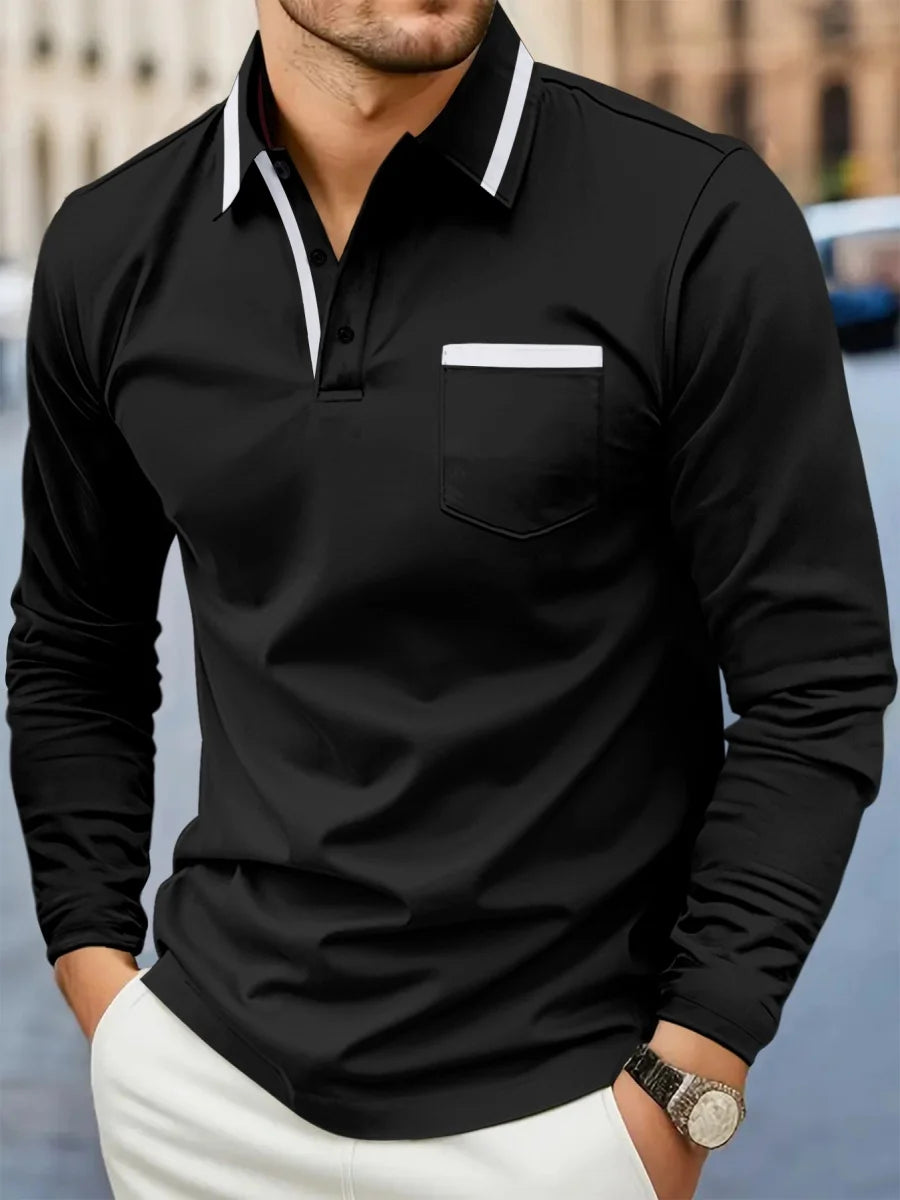 Maglia da Golf da Uomo Primaverile e Autunnale Best-Seller, con Colletto e Tasca, Comoda, Casual, Sportiva, Tinta Unita, a Maniche Lunghe, Traspirante