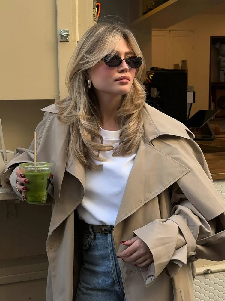 Trench lungo con lacci solido Moda donna Manica intera Risvolto monopetto Capispalla allentato Lady Autunno Cappotto Highstreet quotidiano